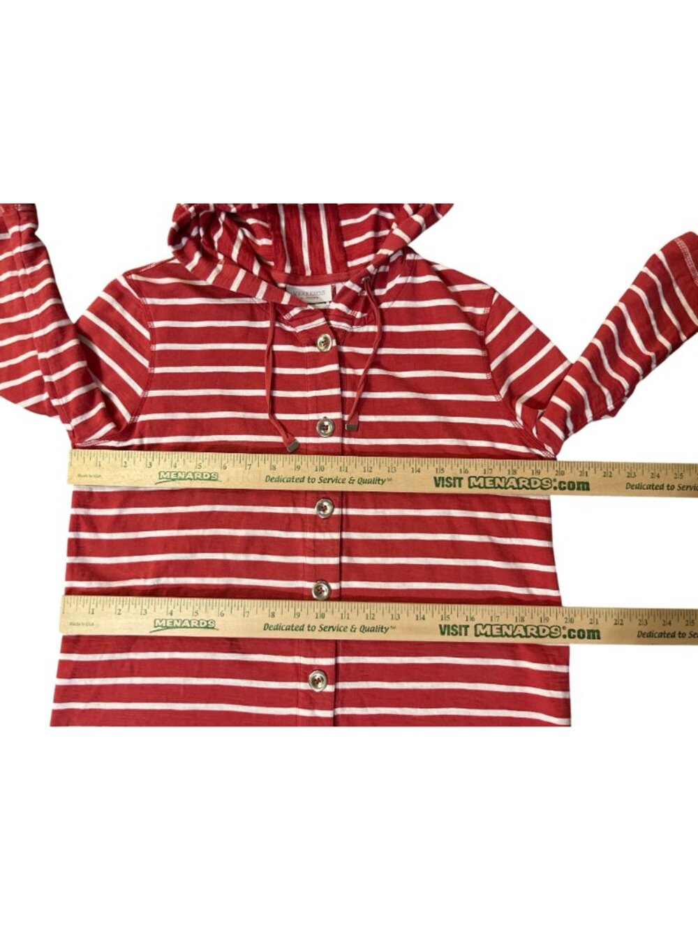 Chico’s Weekends Red Striped Hoodie Top Women’s 1 (M/8) Cotton Button Used - Picture 10 of 15